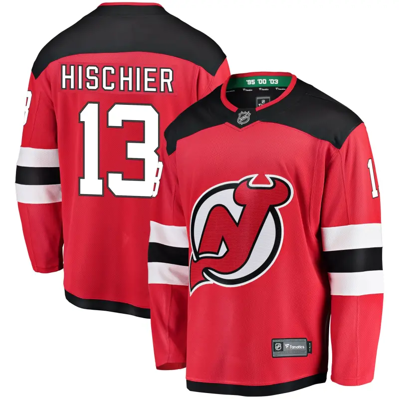 youth fanatics nico hischier red new jersey devils home breakaway player jersey