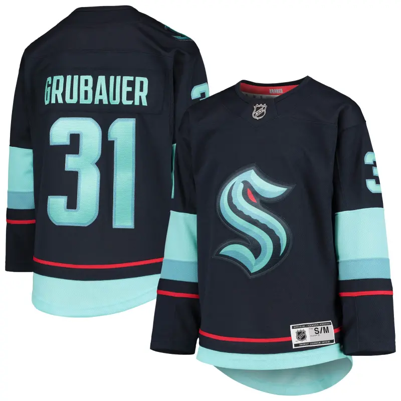 youth philipp grubauer deep sea blue seattle kraken home premier player jersey