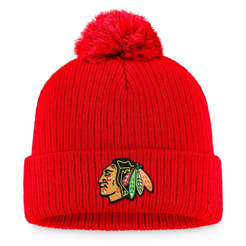 men8217s fanatics red chicago blackhawks core primary logo cuffed knit hat with pom