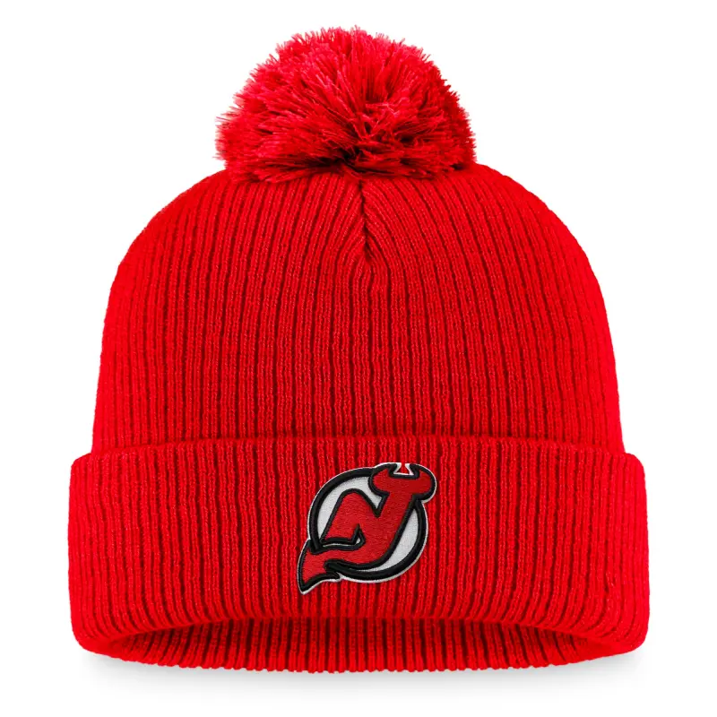 men8217s fanatics red new jersey devils core primary logo cuffed knit hat with pom