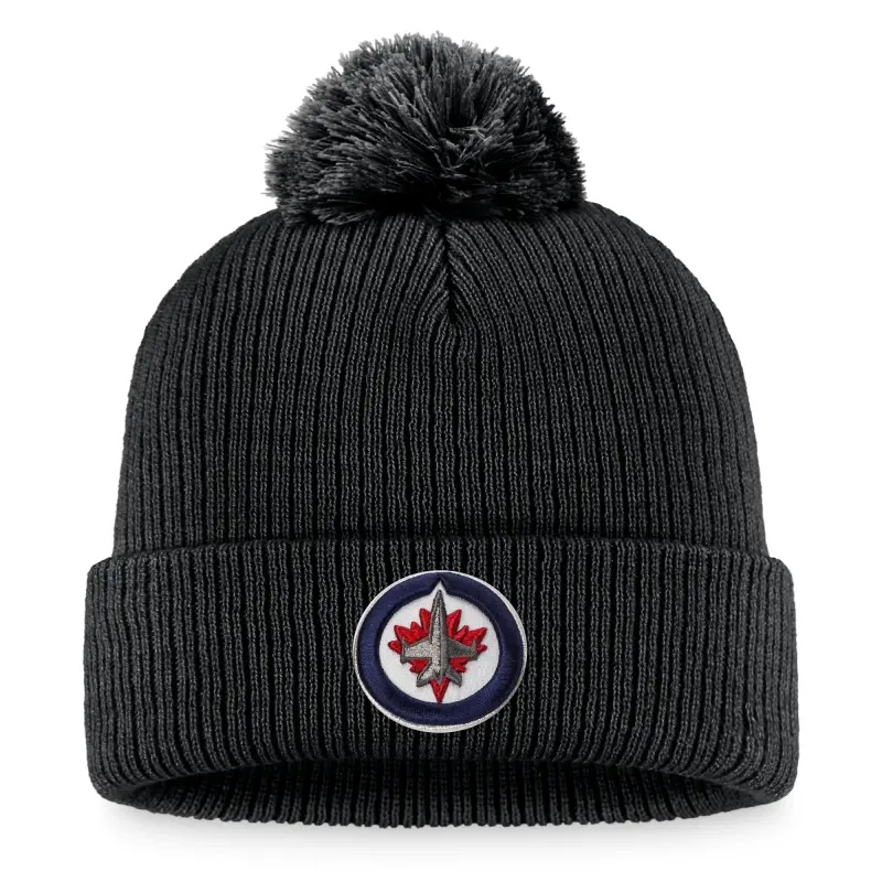 men8217s fanatics black winnipeg jets core primary logo cuffed knit hat with pom